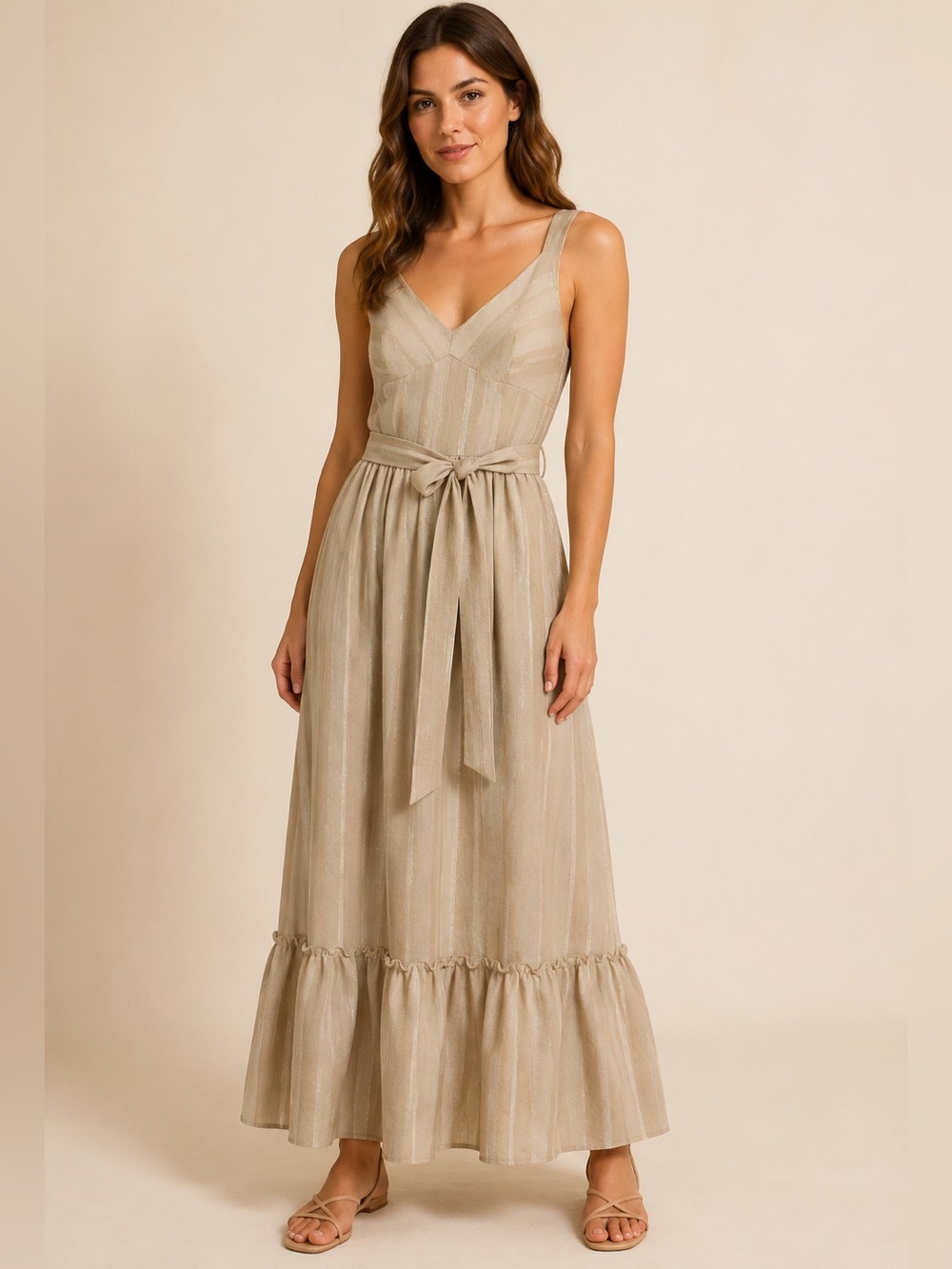 Taylor Taupe V-Neck Tie-Waist Maxi Dress